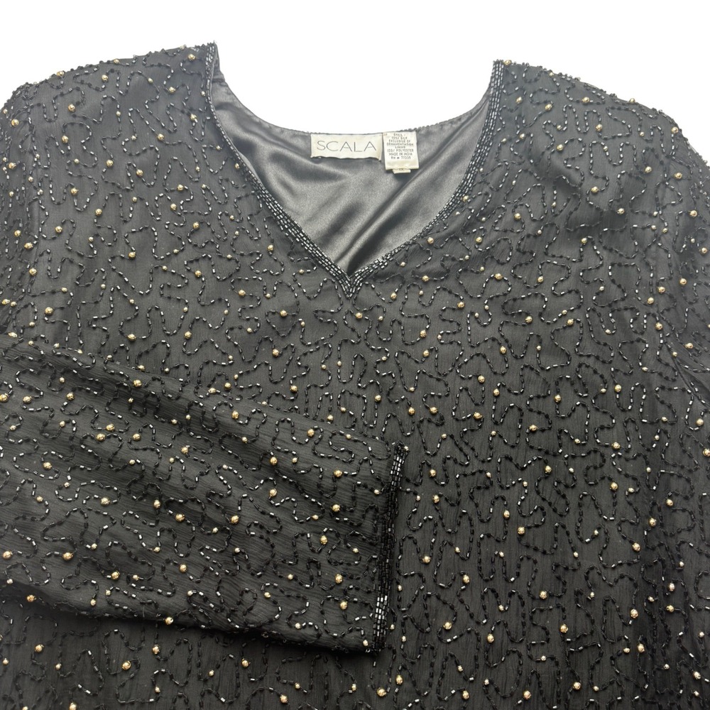 Scala Beaded Silk Evening Top Womens 1X Black Gold Cocktail Party Formal